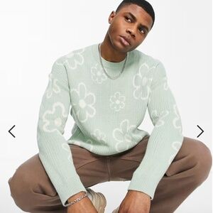 ASOS DESIGN knitted textured rib sweater with all over floral in khaki